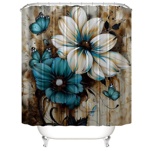 AZHM 4pcs White and Blue Artistic Painted Flowers Shower Curtain Set Floral and Butterfly Bathroom Sets with Rugs and Accessories - Image 2