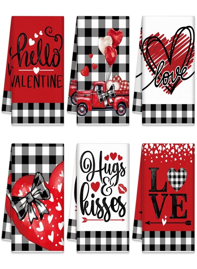 SmoothNovelty 6 Pcs Valentine's Day Kitchen Towels Red Heart Hand Towel Buffalo Plaid Truck Hugs and Kisses Decorative Dish Towel Valentines Kitchen Bathroom Decor for Holiday Anniversary Wedding Gift