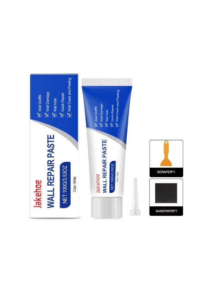 Jakehoe White Wall Repair Paste, Drywall Patch & Repair Kit with Scraper & Sandpaper, Quick Fix for Holes, Cracks, Graffiti & Peeling Paint, 100g - Image 1