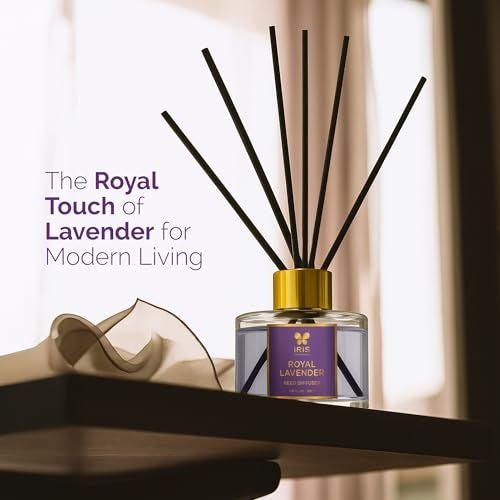 IRIS Aroma Reed Diffuser – 100ml | Elegant Home Fragrance with 6 Fiber Reeds, Glass Round Bottle with Gold Cap | Aroma Diffuser for Cozy Décor & Gifting (Royal Lavender) - Image 3