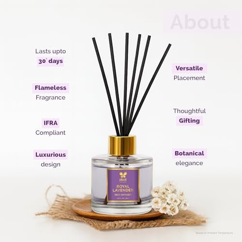 IRIS Aroma Reed Diffuser – 100ml | Elegant Home Fragrance with 6 Fiber Reeds, Glass Round Bottle with Gold Cap | Aroma Diffuser for Cozy Décor & Gifting (Royal Lavender) - Image 4