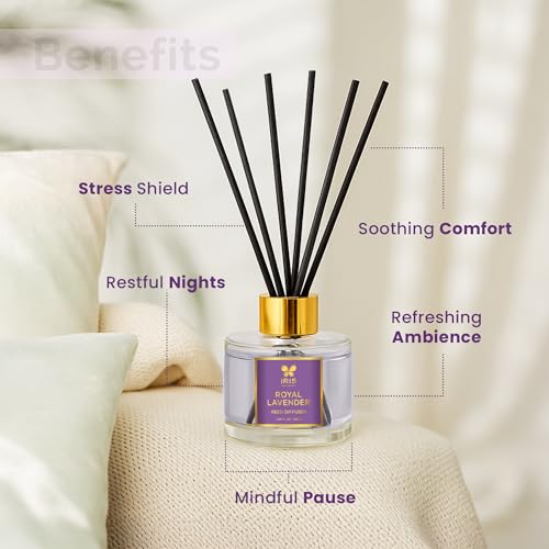 IRIS Aroma Reed Diffuser – 100ml | Elegant Home Fragrance with 6 Fiber Reeds, Glass Round Bottle with Gold Cap | Aroma Diffuser for Cozy Décor & Gifting (Royal Lavender) - Image 5