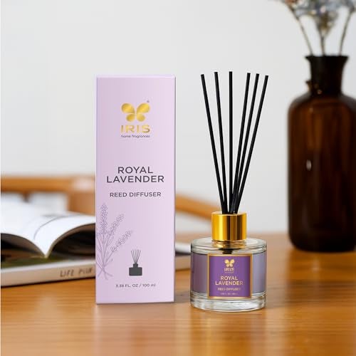 IRIS Aroma Reed Diffuser – 100ml | Elegant Home Fragrance with 6 Fiber Reeds, Glass Round Bottle with Gold Cap | Aroma Diffuser for Cozy Décor & Gifting (Royal Lavender) - Image 2