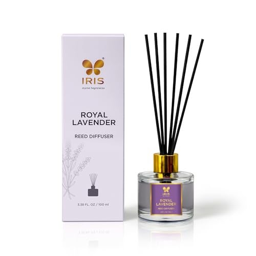 IRIS Aroma Reed Diffuser – 100ml | Elegant Home Fragrance with 6 Fiber Reeds, Glass Round Bottle with Gold Cap | Aroma Diffuser for Cozy Décor & Gifting (Royal Lavender) - Image 1