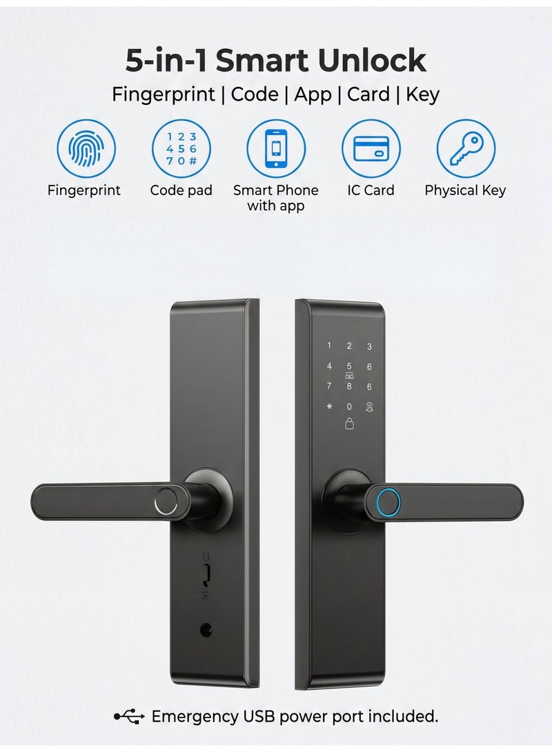 SageLiving Black WiFi Smart Door Lock with 5050 Mortise – Fingerprint, Tuya App, Keypad, Card & Key Unlock, Auto Lock Security for Home & Office - Image 2
