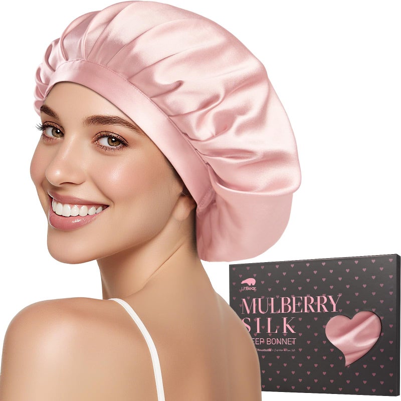 LitBear 100% Mulberry Silk Bonnet for Sleeping Women, 22 Momme Silk Hair Wrap with Elastic Band for Natural Curly Hair Long Short, Non-Slip Night Cap Reduce Friction Pink - Image 1