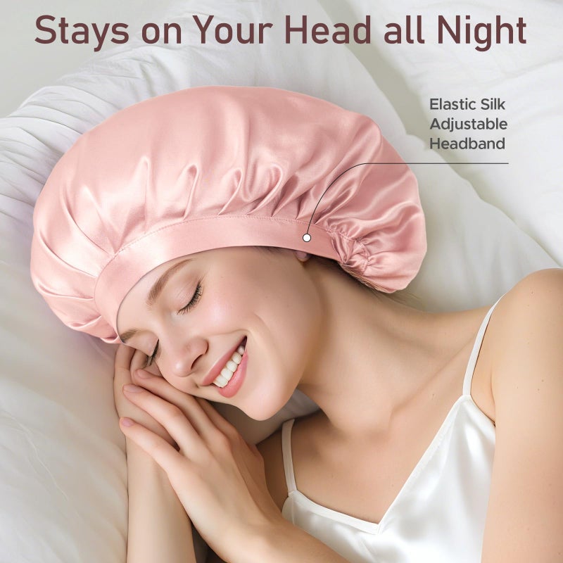 LitBear 100% Mulberry Silk Bonnet for Sleeping Women, 22 Momme Silk Hair Wrap with Elastic Band for Natural Curly Hair Long Short, Non-Slip Night Cap Reduce Friction Pink - Image 3