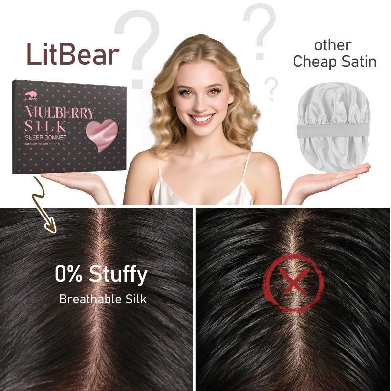 LitBear 100% Mulberry Silk Bonnet for Sleeping Women, 22 Momme Silk Hair Wrap with Elastic Band for Natural Curly Hair Long Short, Non-Slip Night Cap Reduce Friction Pink - Image 4