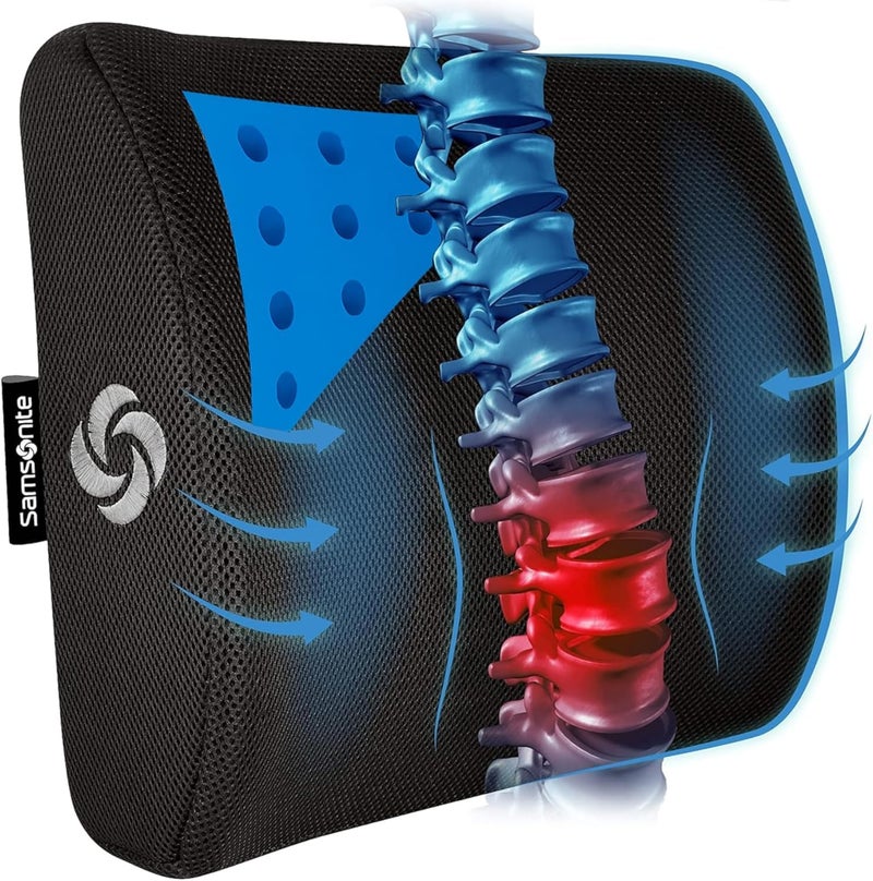 Samsonite Memory Foam Lumbar Support Pillow for Office Chair, Gaming Chair, or Car-Ergonomic Back Cushion-Home Essentials for Sitting Comfort and Posture Relief Back Support with Cooling Gel, Black - Image 1