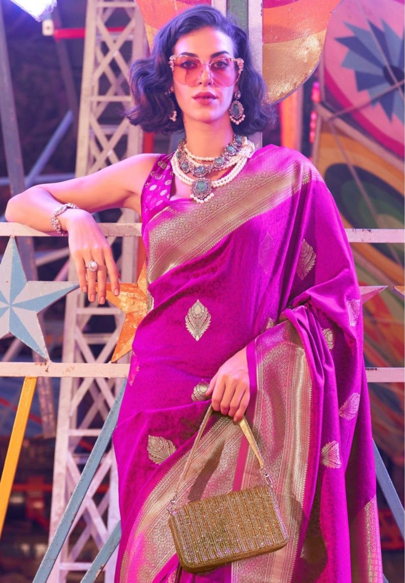 SGF11 Women's Kanjivaram Pure Soft Silk Handloom Saree For Women Pure Zari With Blouse Piece (Dark Pink) - Image 4