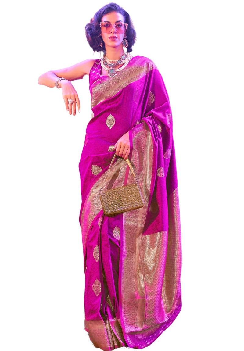 SGF11 Women's Kanjivaram Pure Soft Silk Handloom Saree For Women Pure Zari With Blouse Piece (Dark Pink) - Image 1