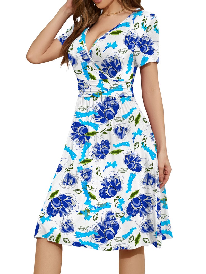 WEACZZY Summer Dresses for Women 2025 Empire Waist Floral Spring Knee Length Dress,Blue White Floral,L - Image 2