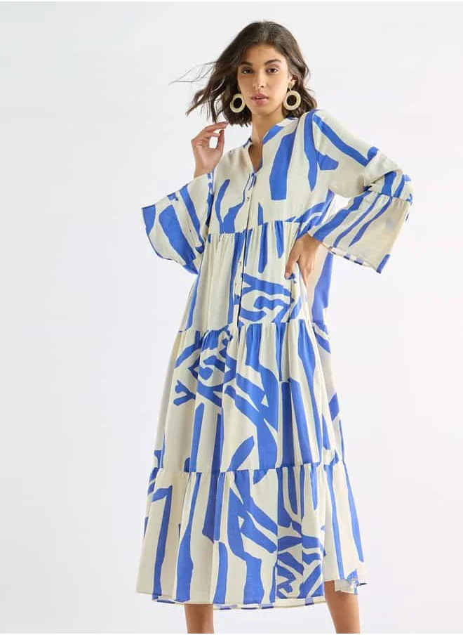 FAV Abstract Print Midi Dress with Mandarin Collar and Long Sleeves