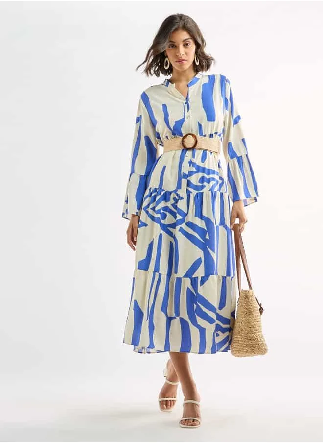 FAV Abstract Print Midi Dress with Mandarin Collar and Long Sleeves