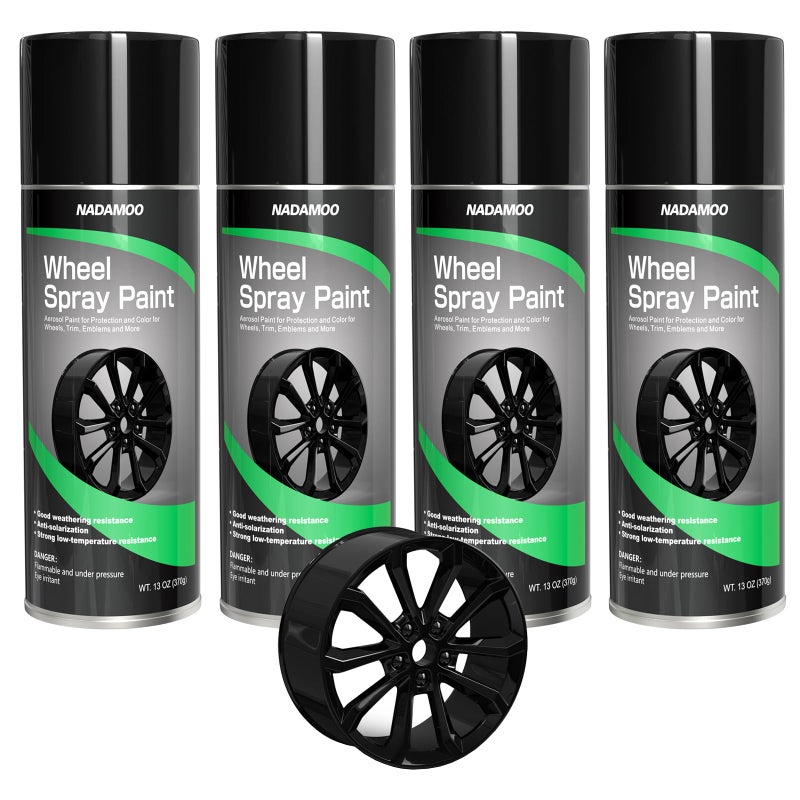 NADAMOO Aluminum Wheel Spray Paint Semigloss Aerosol Car Rim Paint for Recolor and Protection of Metal Surface Gloss Black 4 Cans 13 Oz Per Can