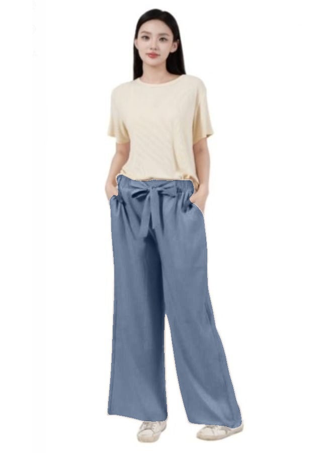 سراويل بالازو عالية الخصر للنساء، سراويل واسعة الساق كاجوال بعقدة عنق واسعة مع جيوب - Image 1