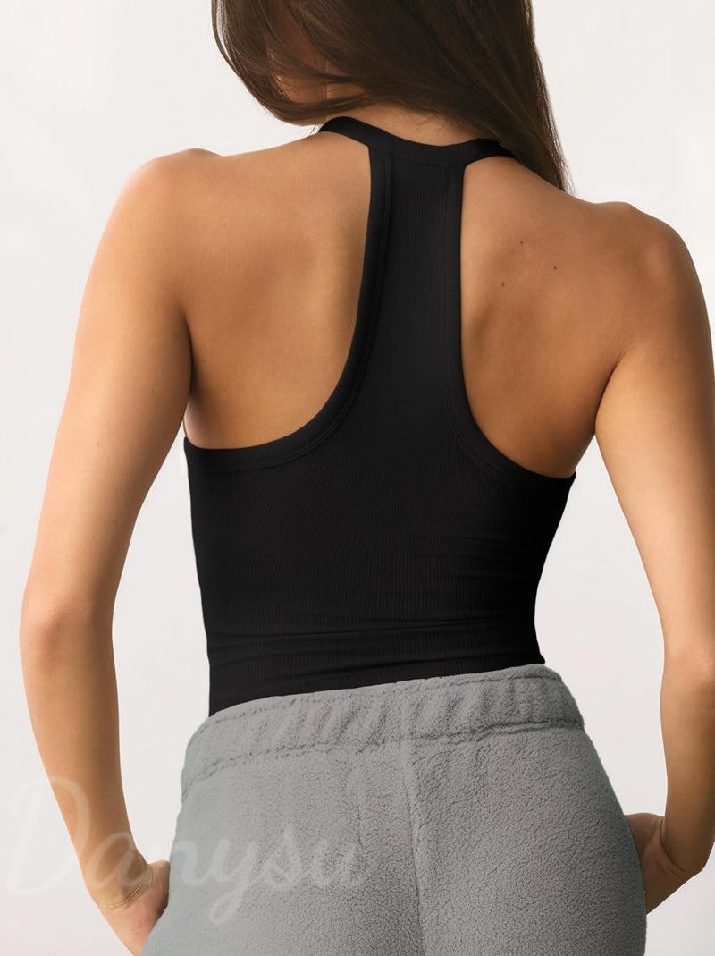 Danysu V Neck Racerback Tank Top for Women with Built in Bra Ribbed Long Tank Fitted Basic Cami Tops Black L - Image 2