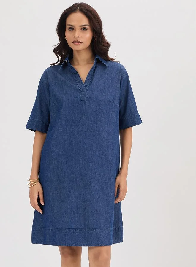 Navy Blue Denim Knee Length Dress