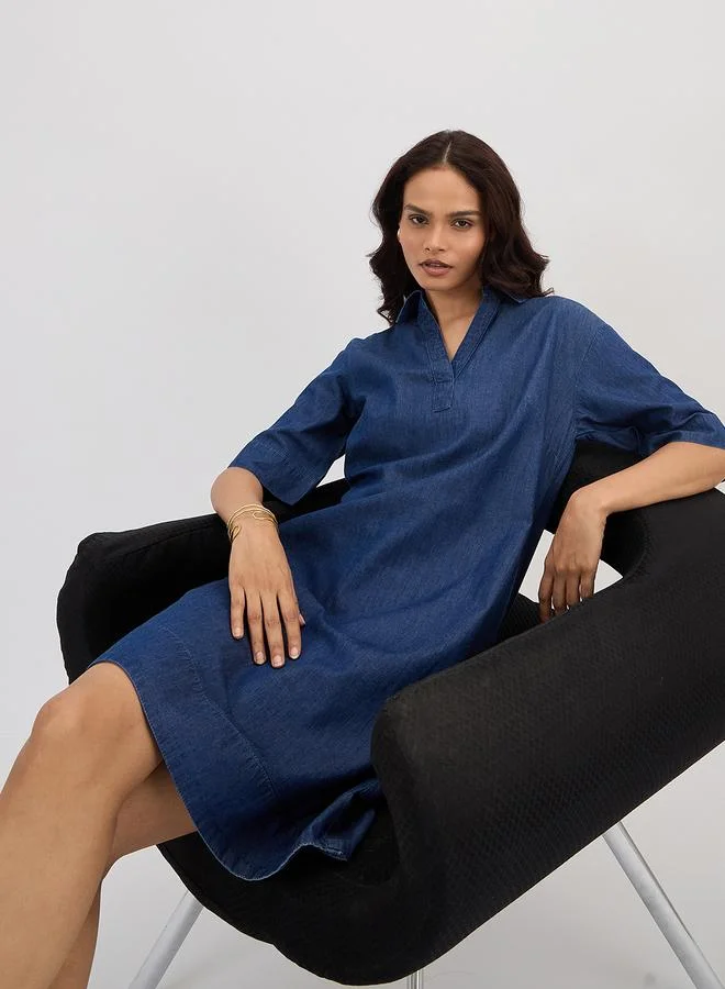 Femmella Navy Blue Denim Knee Length Dress