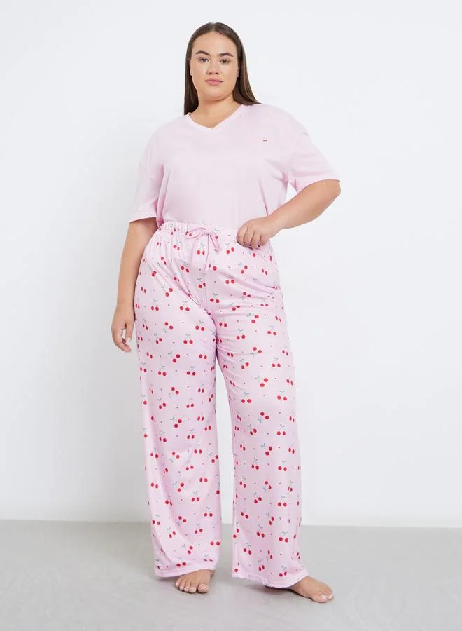 Styli Styli Plus Cherry Print V Neck T-Shirt and Pyjama Set