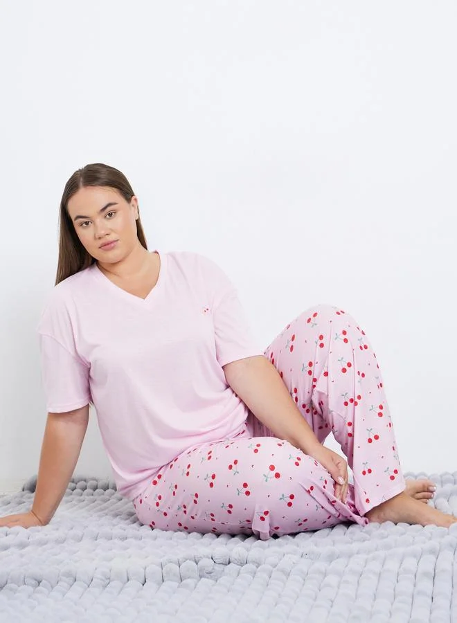 Styli Styli Plus Cherry Print V Neck T-Shirt and Pyjama Set