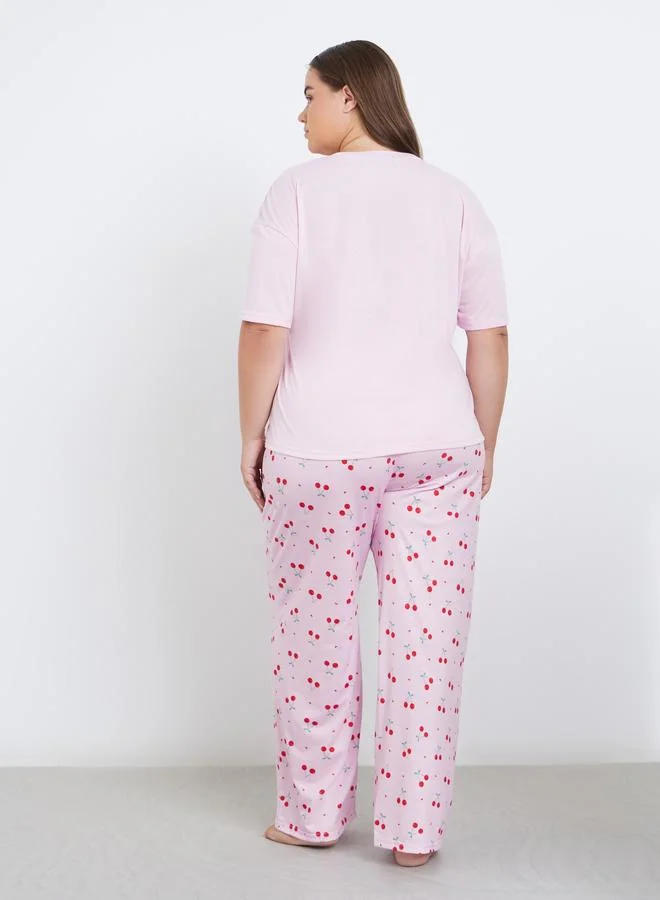 Styli Styli Plus Cherry Print V Neck T-Shirt and Pyjama Set