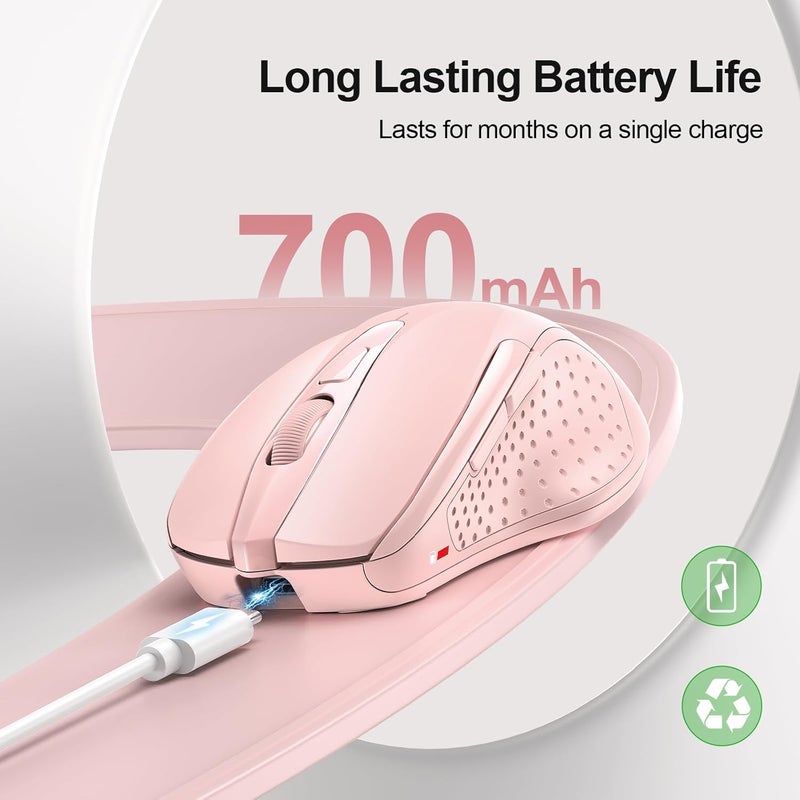TECKNET Rechargeable Wireless Mouse, 2.4G Silent Quiet Click, 6 Adjustable 4800 DPI, Cordless Computer Mouse, Ergonomic Mouse for Laptop, 6 Buttons USB for Chromebook, Ergo Grip - Pink - Image 2