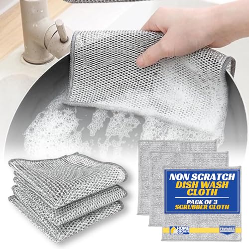 F8WARES 3PK Non Scratch Dish Wash Cloth - Scrubber for Utensils & Non Scratch Wire Dish Cloth, Multipurpose Wire Dishwashing Rags Wet & Dry - Mesh Wire Cloth for Kitchen - Metal Wire Cleaning Cloth - Image 1