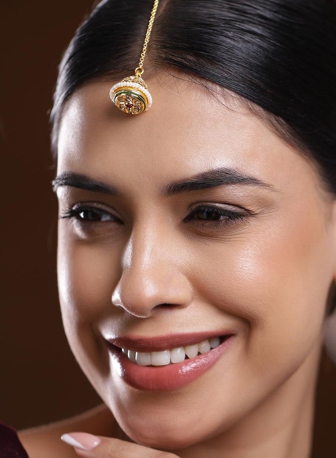 Rubans 22K Gold-Plated Kundan & Ruby Pink Stone Floral Borla Maang Tikka with Pearl Edge for Women - Perfect for Bridal & Traditional Looks - Image 3