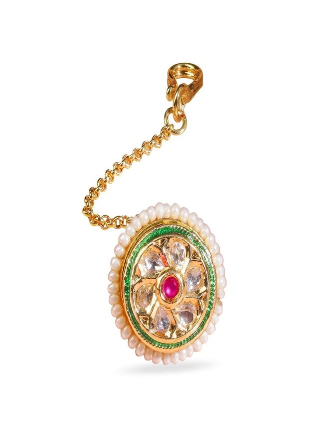 Rubans 22K Gold-Plated Kundan & Ruby Pink Stone Floral Borla Maang Tikka with Pearl Edge for Women - Perfect for Bridal & Traditional Looks - Image 1