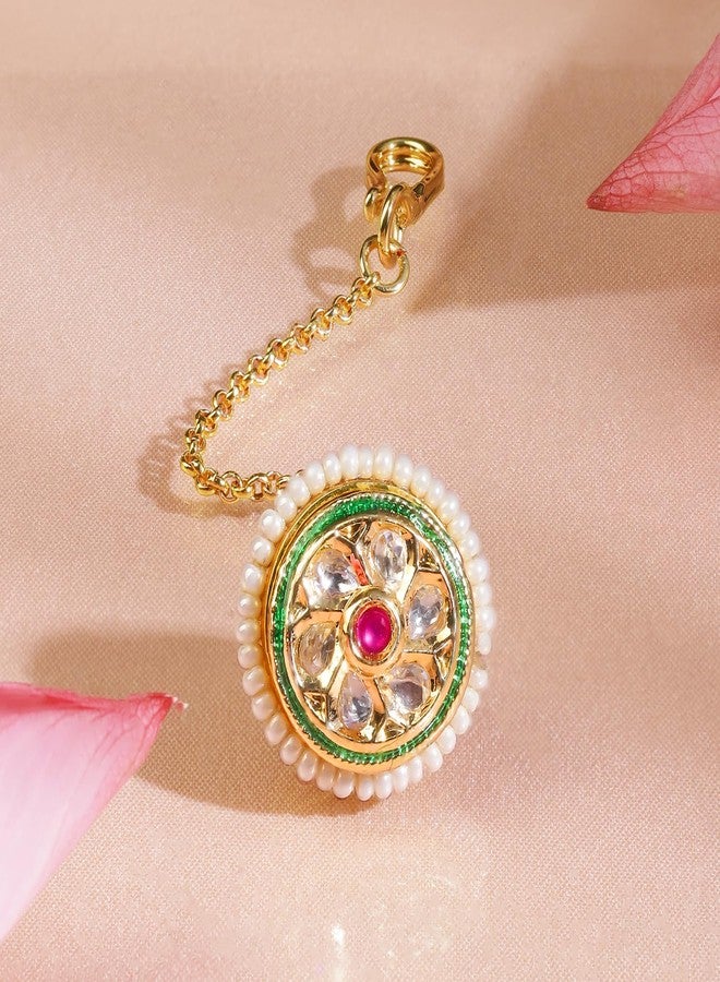 Rubans 22K Gold-Plated Kundan & Ruby Pink Stone Floral Borla Maang Tikka with Pearl Edge for Women - Perfect for Bridal & Traditional Looks - Image 4