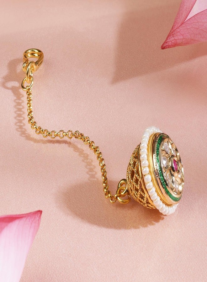 Rubans 22K Gold-Plated Kundan & Ruby Pink Stone Floral Borla Maang Tikka with Pearl Edge for Women - Perfect for Bridal & Traditional Looks - Image 5