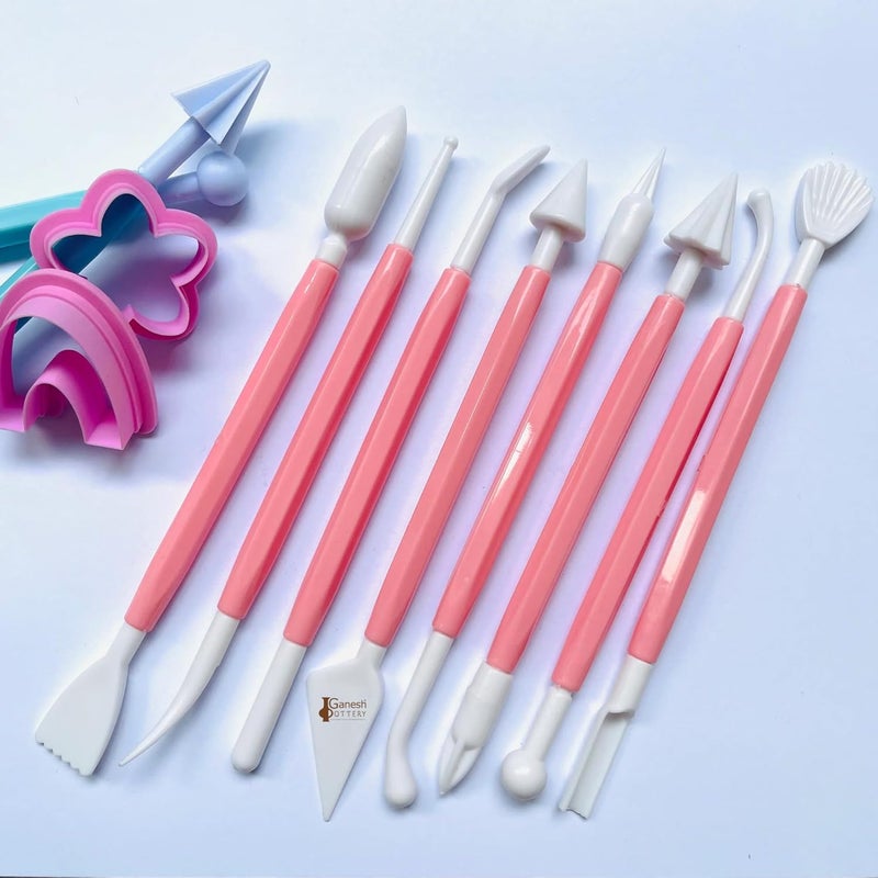 Ganesh Pottery Plastic Ceramic Pottery Tools Set of 8, Carving Double Heads Clay Modelling, Sculpting, Shaping, Fondant Cake Decorating, Polymer Tools for Art & Craft Supplies for Kids, Artist (Pink) - Image 1