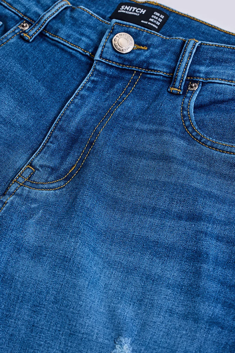 سنيتش Dark Blue Distressed Straight Fit Jeans