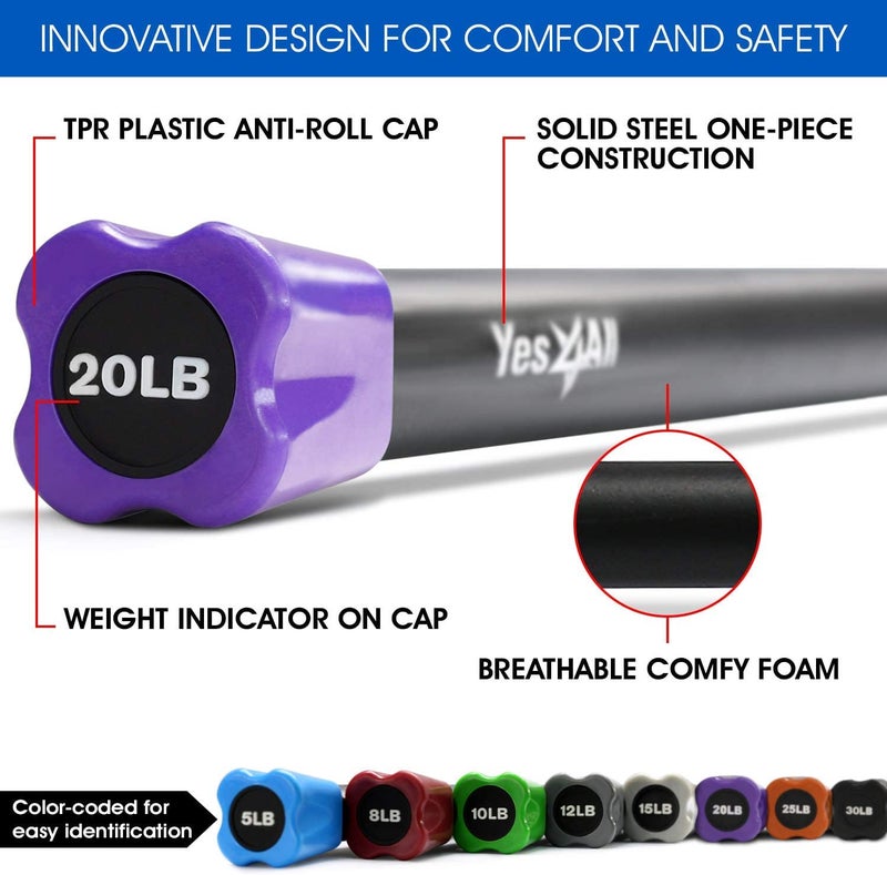 Yes4All Total Body Workout Weighted Pilates Bar, Body Bar For Exercise, Therapy, Aerobics, and Yoga, Strength Training, 20lbs - Image 3
