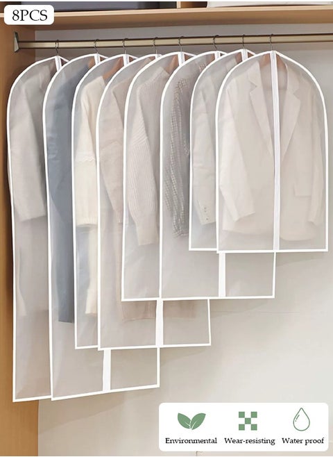 8 PCS Hanging Clear Garment Bags, Washable Clothes Bags with Smooth Zipper and Velcro for Home, Waterproof Garment Bags for Closet Storage, Wardrobe Clothes Protector, Breathable Dust Cover for Shirts, Coats, Dresses, Suits