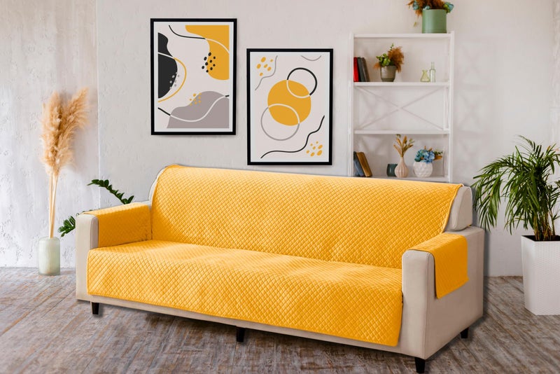 KINGLY Velvet Quilted Universal Elastic Sofa Cover Non-Slip Sofa Protector 4 Seater Armchair Cover with Machine Washable Adjustable Elastic Straps (4 Seater) (Yellow) - Image 1