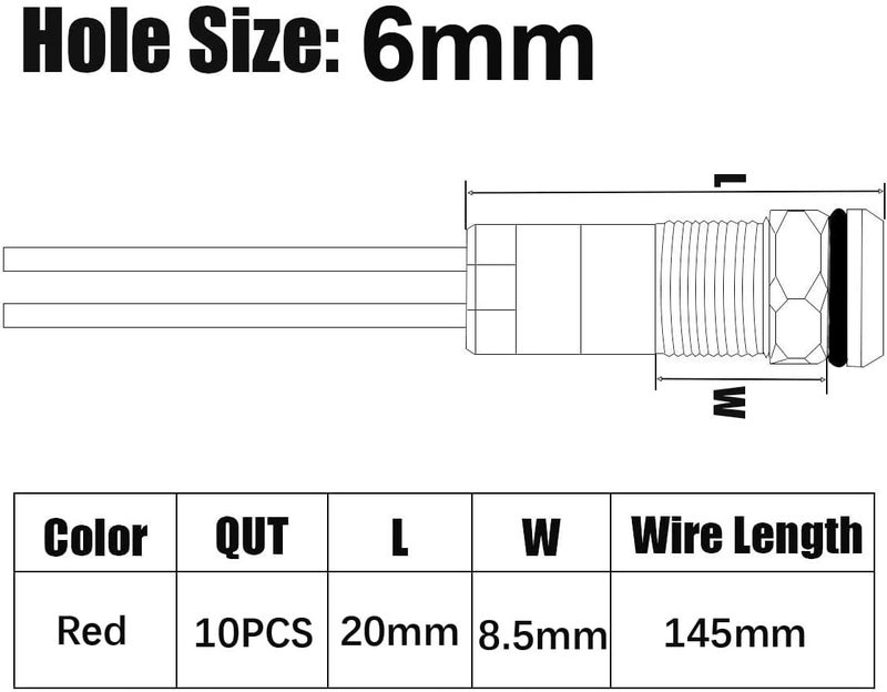 Gebildet 10pcs 6mm 1/4" LED Metal Indicator Light AC/DC 12-24V Waterproof Signal Lamp Pilot Dash Directional with Wire(Red) - Image 5