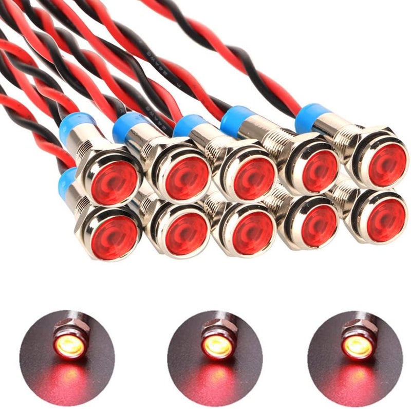 Gebildet 10pcs 6mm 1/4" LED Metal Indicator Light AC/DC 12-24V Waterproof Signal Lamp Pilot Dash Directional with Wire(Red) - Image 1