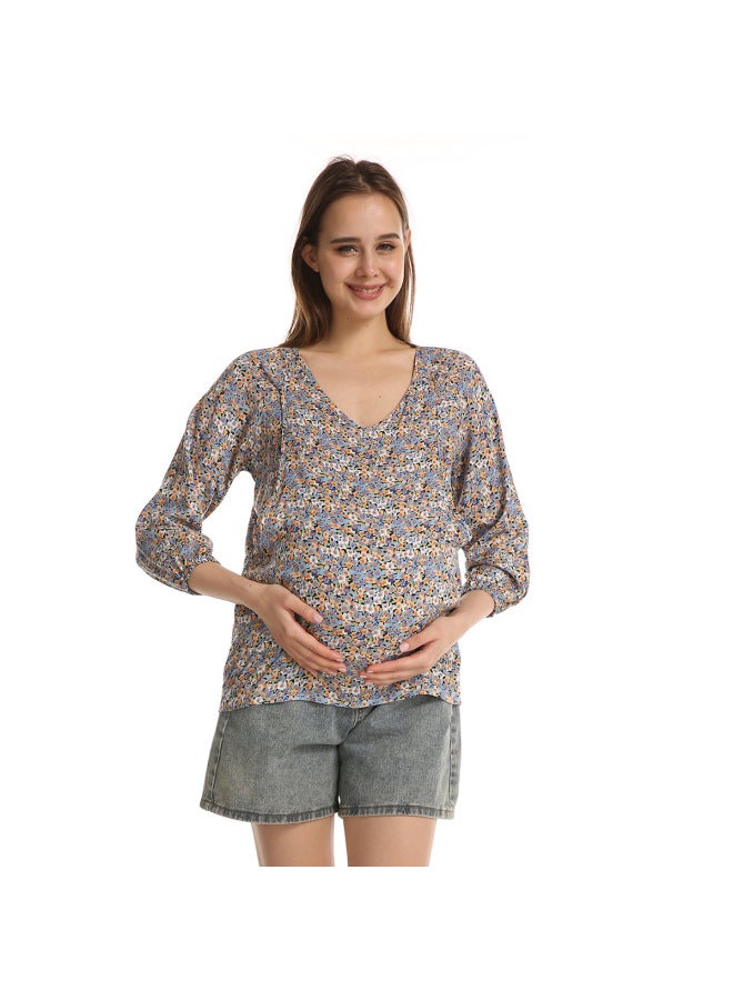 H6001 Pregnant Mom Long Sleeve Small Floral Nursing Top