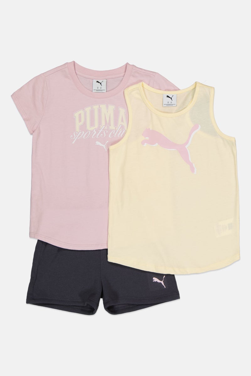 PUMA طقم بنات أطفال مكون من 3 قطع تي شيرت قصير الأكمام وشورت وقمة بشعار العلامة التجارية، متعدد الألوان - Image 1