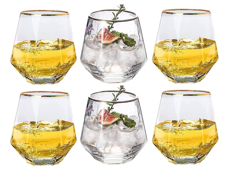 Jet Roy Diamond Whiskey Glasses Set of 6 LeadFree Crystal Clear Whisky GlassLuxury Whiskey Glass with Gold Rim Perfect for Whiskey Scotch and Bar Old Fashioned Cocktails Golden Rim 6 18 - Image 1