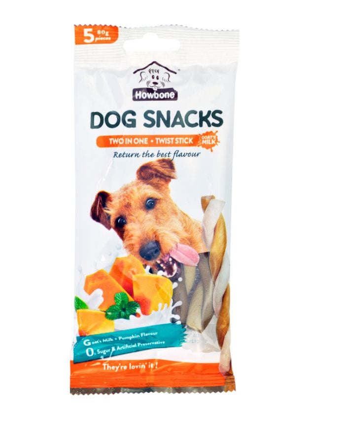 Howbone Dog Snack 2-in-1 Twist Stick 80g (5pcs) – Goat's Milk & Pumpkin Flavour