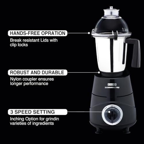 USHA Thunderbolt Pro 1000W with 3 Jars, 100% Copper Ball-Bearing Motor, Handsfree operation, 3 Jars, 3-Speed Setting with Inching option, 5 Years Warranty on Motor (Black) - Image 3