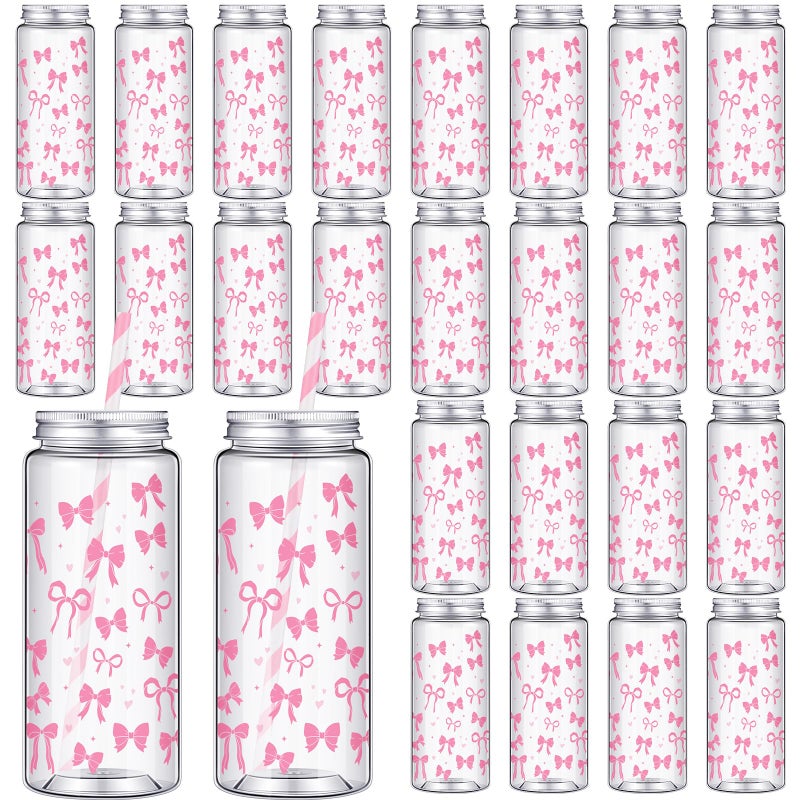 Chuangdi 24 Sets 14 oz Pink Bow Bottles with Straws and Metal Lids 24 Plastic Coquette Bottles 25 Paper Straws Tumbler Reusable Jar Containers for Baby Shower Party Wedding Supplies(Pink,bow) - Image 1