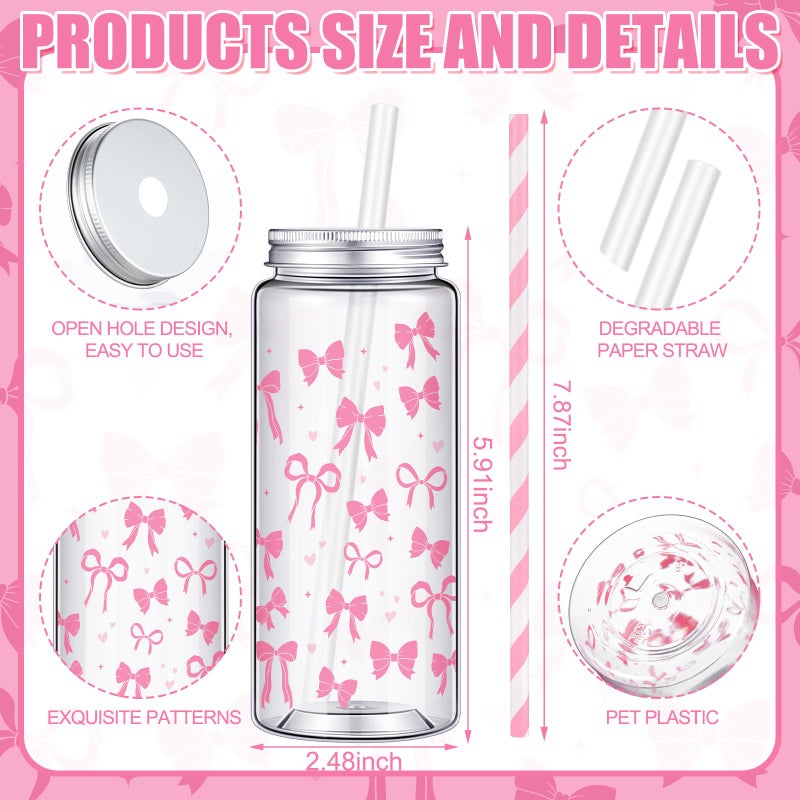 Chuangdi 24 Sets 14 oz Pink Bow Bottles with Straws and Metal Lids 24 Plastic Coquette Bottles 25 Paper Straws Tumbler Reusable Jar Containers for Baby Shower Party Wedding Supplies(Pink,bow) - Image 2