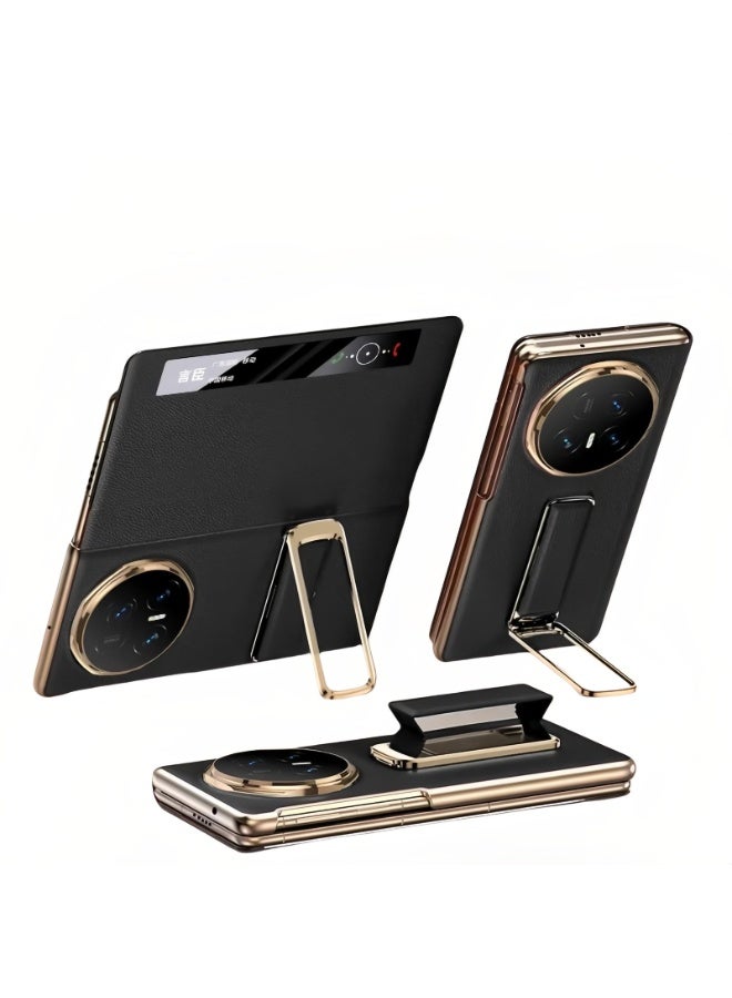 general Compatible with Honor Magic V5 2025 Case, Smart View Genuine Leather Hinge Protection Case with Hidden Kickstand & Hand Strap, Plated PC Bezels Shock-resistant Flip Cover - Image 1