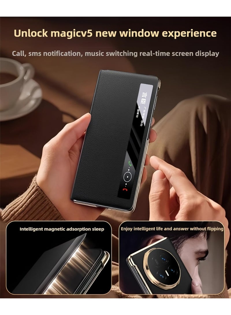 general Compatible with Honor Magic V5 2025 Case, Smart View Genuine Leather Hinge Protection Case with Hidden Kickstand & Hand Strap, Plated PC Bezels Shock-resistant Flip Cover - Image 3