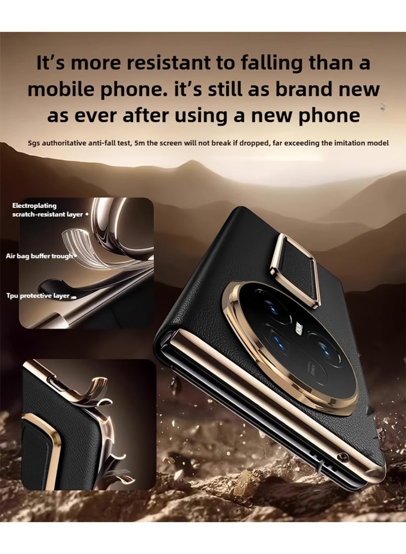 general Compatible with Honor Magic V5 2025 Case, Smart View Genuine Leather Hinge Protection Case with Hidden Kickstand & Hand Strap, Plated PC Bezels Shock-resistant Flip Cover - Image 5