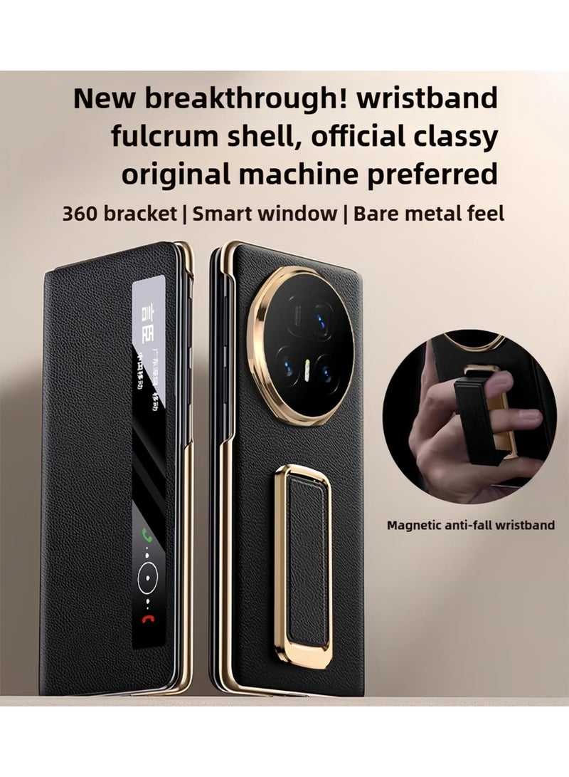 general Compatible with Honor Magic V5 2025 Case, Smart View Genuine Leather Hinge Protection Case with Hidden Kickstand & Hand Strap, Plated PC Bezels Shock-resistant Flip Cover - Image 2